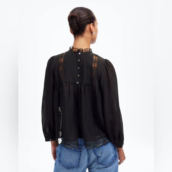 Madewell Black Lace-Inset Top in Silk Size L NT229 - Picture 3 of 6